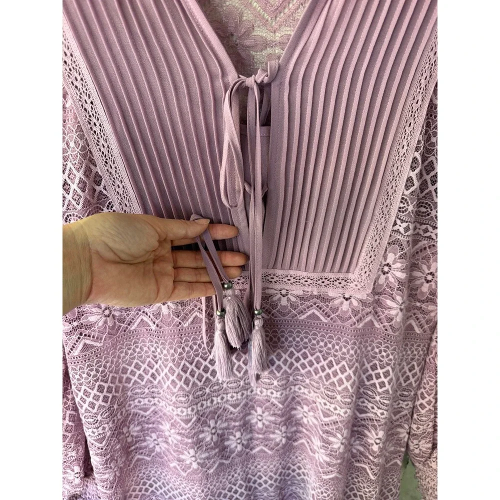 Sundance Lace Mini Dress S Purple Boho Pleated Tassel Ruffle Flounce Hem